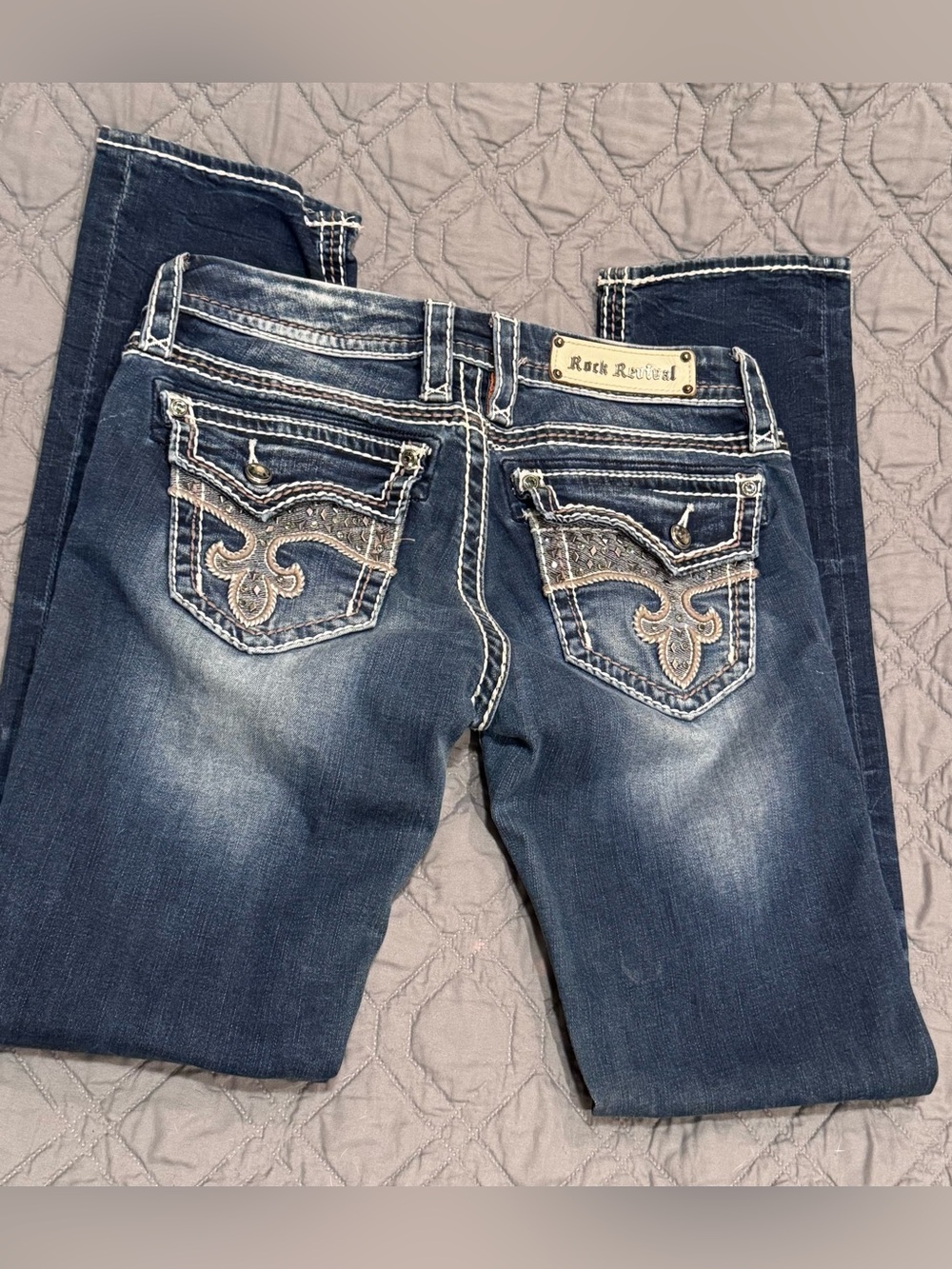Rock Revival Women's Dark Blue Boot Cut Jeans with Embroidered Pockets
